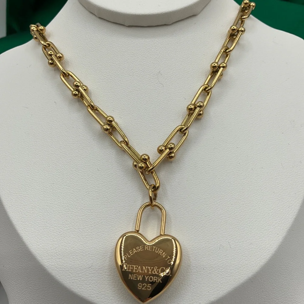 Gold Heart Padlock Link Necklace with Ball-Accented Chain